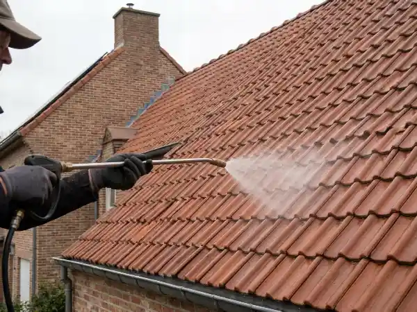 Nabehandeling van een proper pannendak met een lagedruksproeier